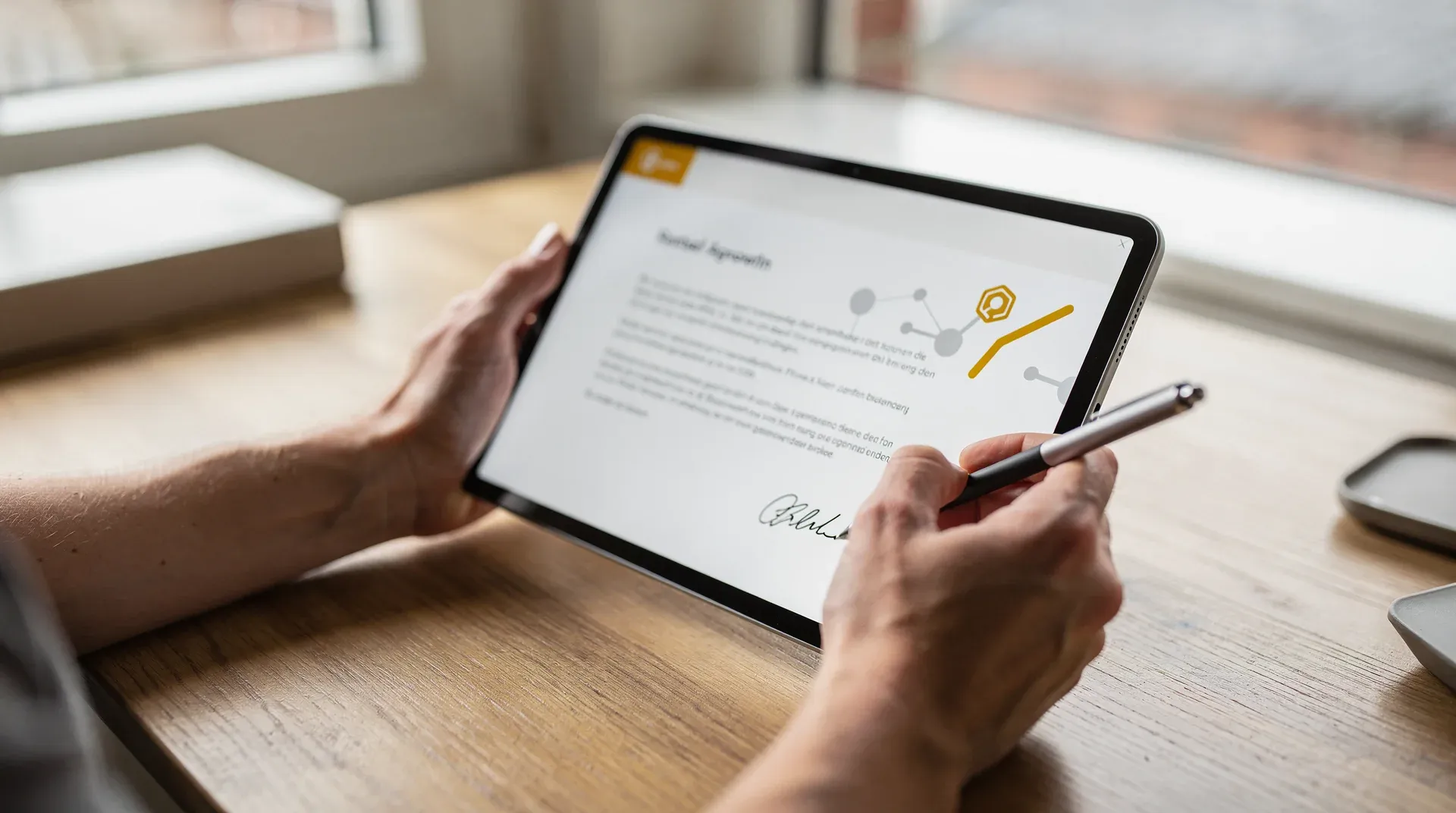 Hände unterschreiben einen Mietvertrag auf einem Tablet mit Stift