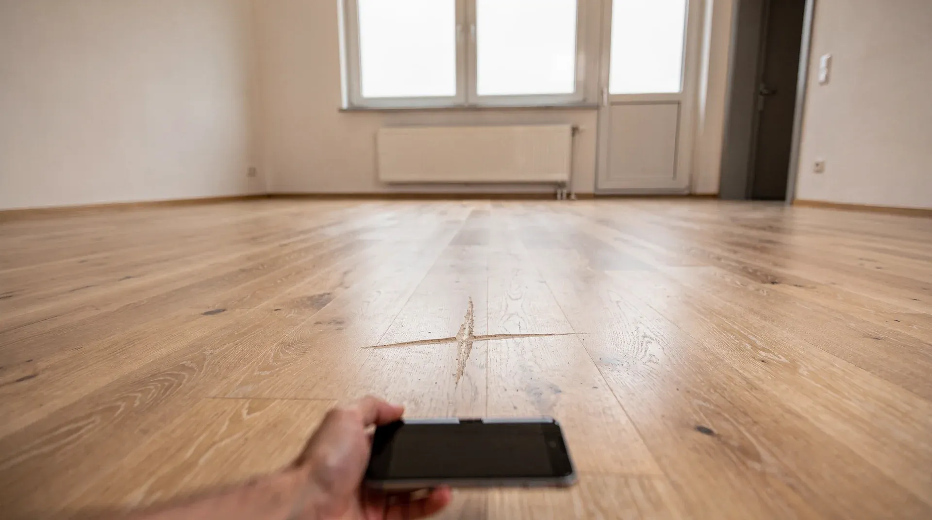Helle leere Wohnung mit Parkettboden, eine Hand hält ein Smartphone über einen feinen Kratzer im Holz.
