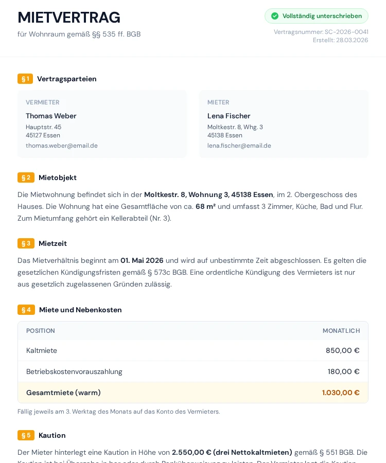 Fertiger unterschriebener Mietvertrag als PDF