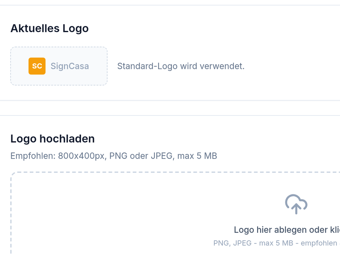 Branding-Einstellung: aktuelles Logo und Logo-Upload für eigenes PDF-Branding