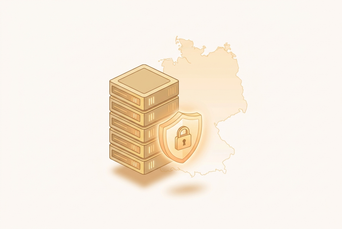 Illustration: Server-Stack mit Schloss-Schild und Deutschland-Umriss — verschlüsselte Daten auf deutschen Servern