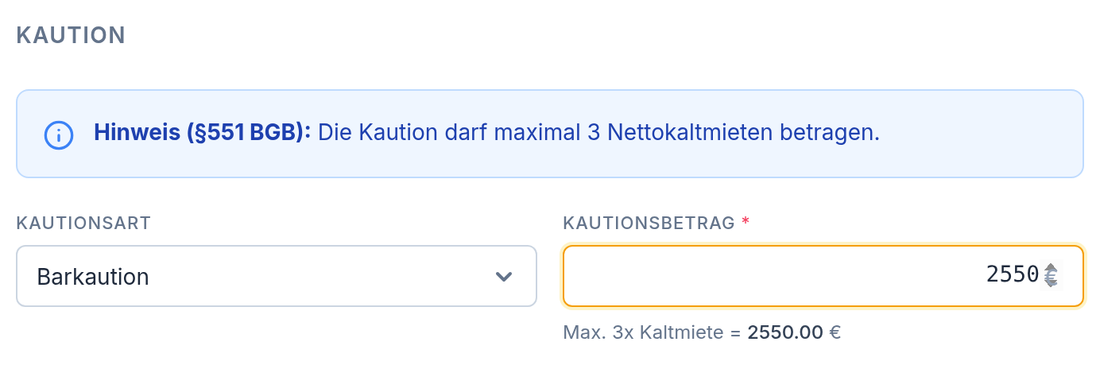 Kautions-Eingabe mit Hinweis § 551 BGB und automatischer Berechnung „Max. 3× Kaltmiete = 2.550 €“