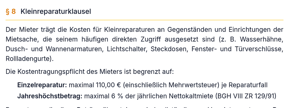 § 8 Kleinreparaturklausel im Vertrag mit gedeckelter Kostengrenze und BGH-Zitat (VIII ZR 129/91)