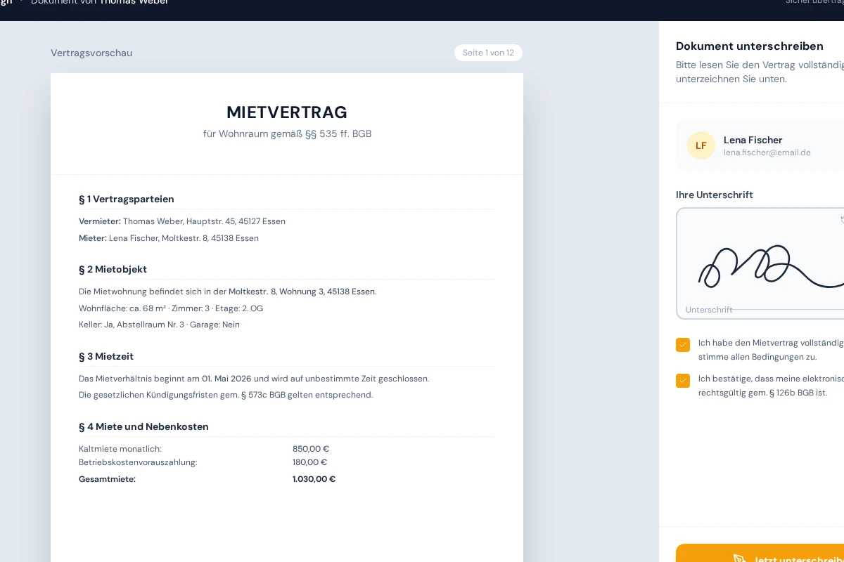Mieter unterschreiben digital per E-Mail-Link