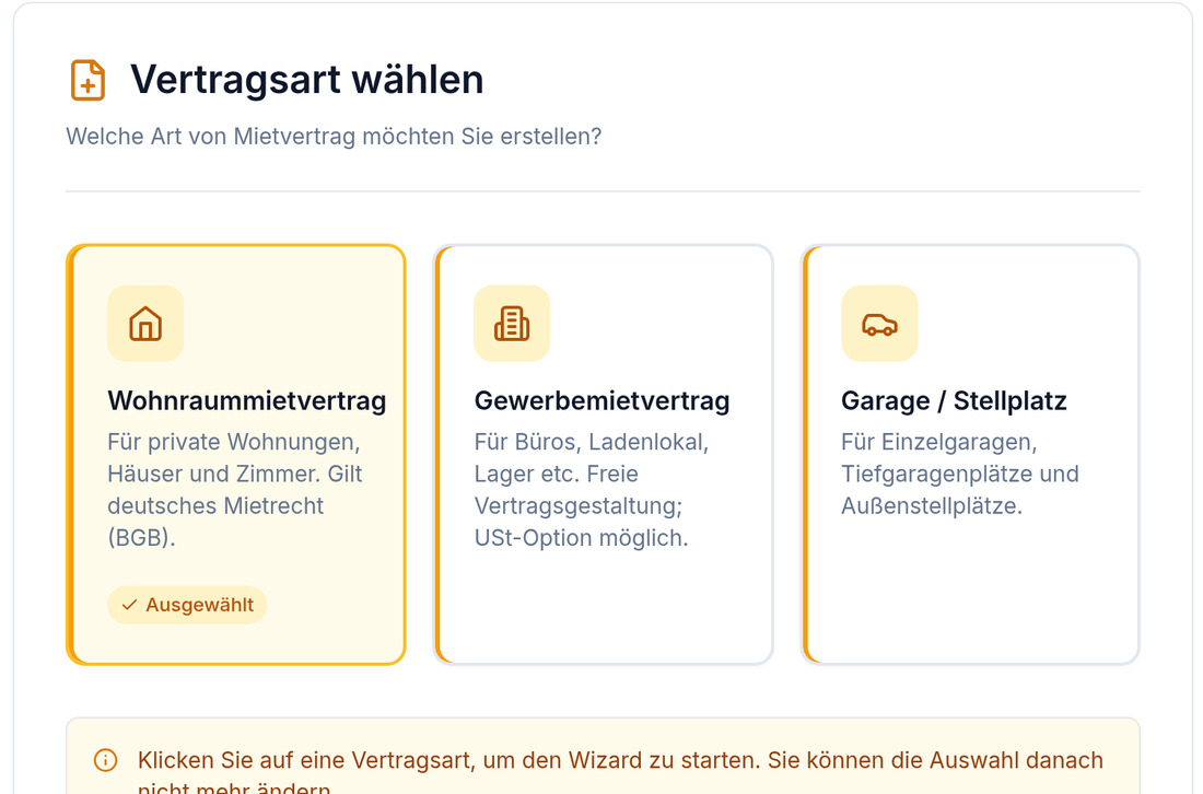 signcasa Wizard, Schritt 1: Vertragsart wählen — Wohnraum-, Gewerbe- oder Garagenmietvertrag