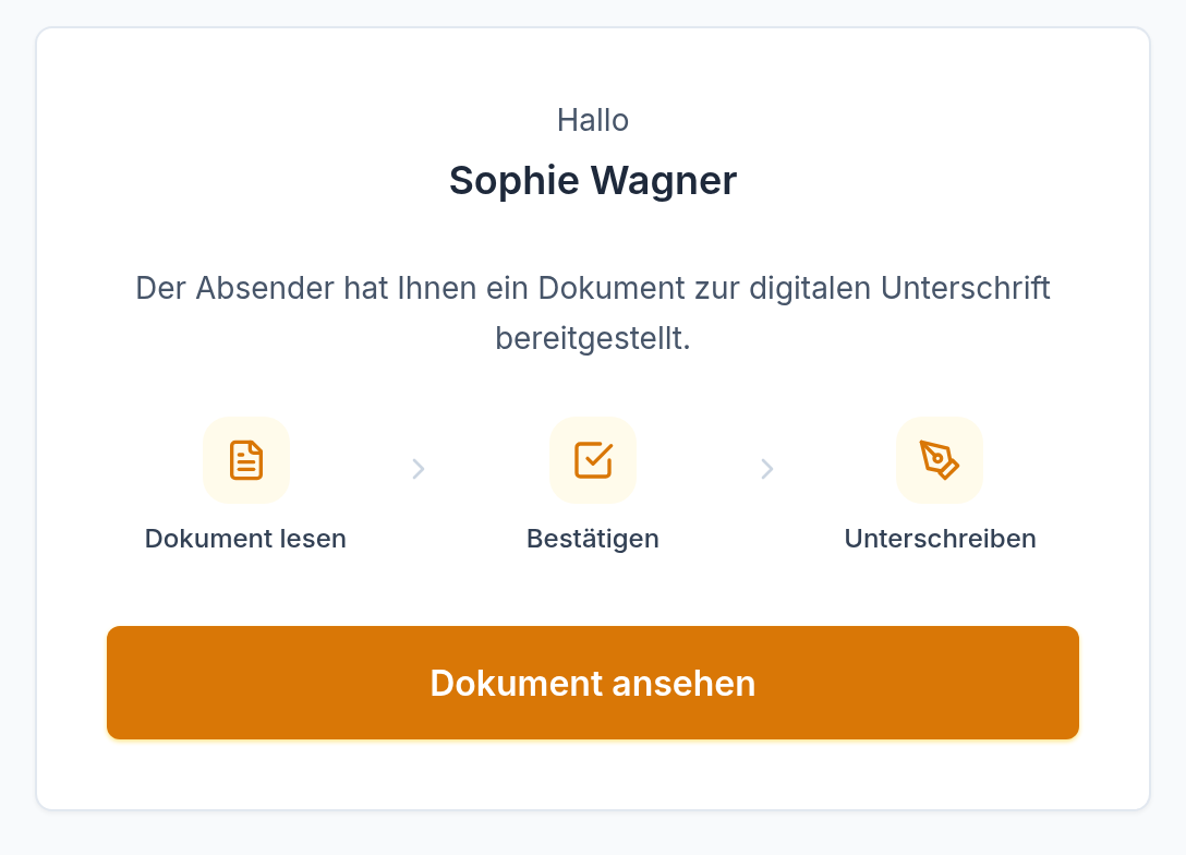 signcasa Signatur-Link: „Hallo Sophie Wagner“ — Dokument ansehen und ohne Login unterschreiben