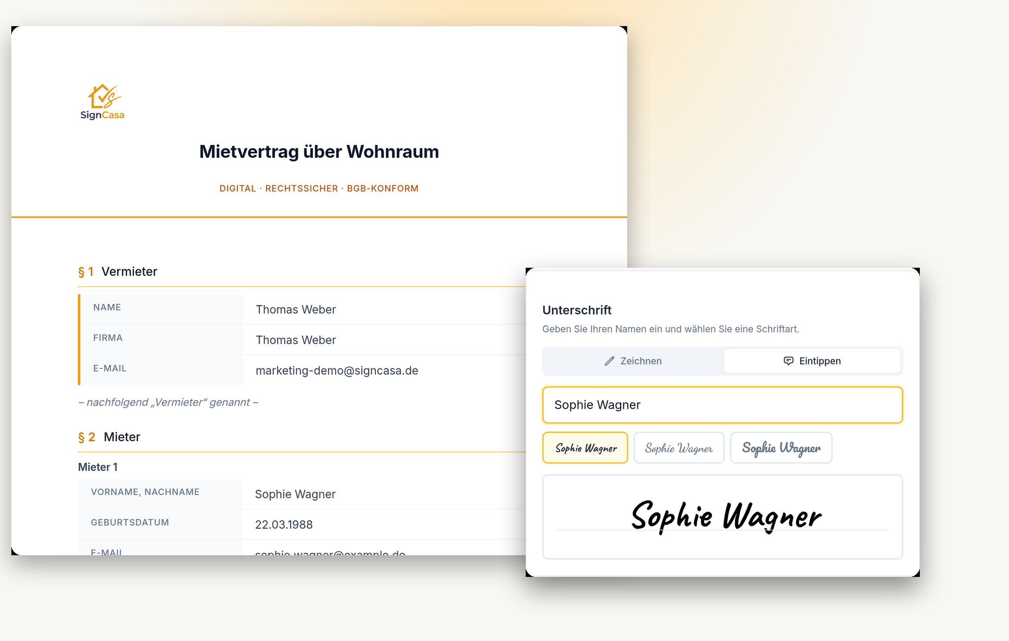 signcasa Mietvertrag über Wohnraum — rechtssicheres, BGB-konformes Vertragsdokument mit digitaler Unterschrift im Browser
