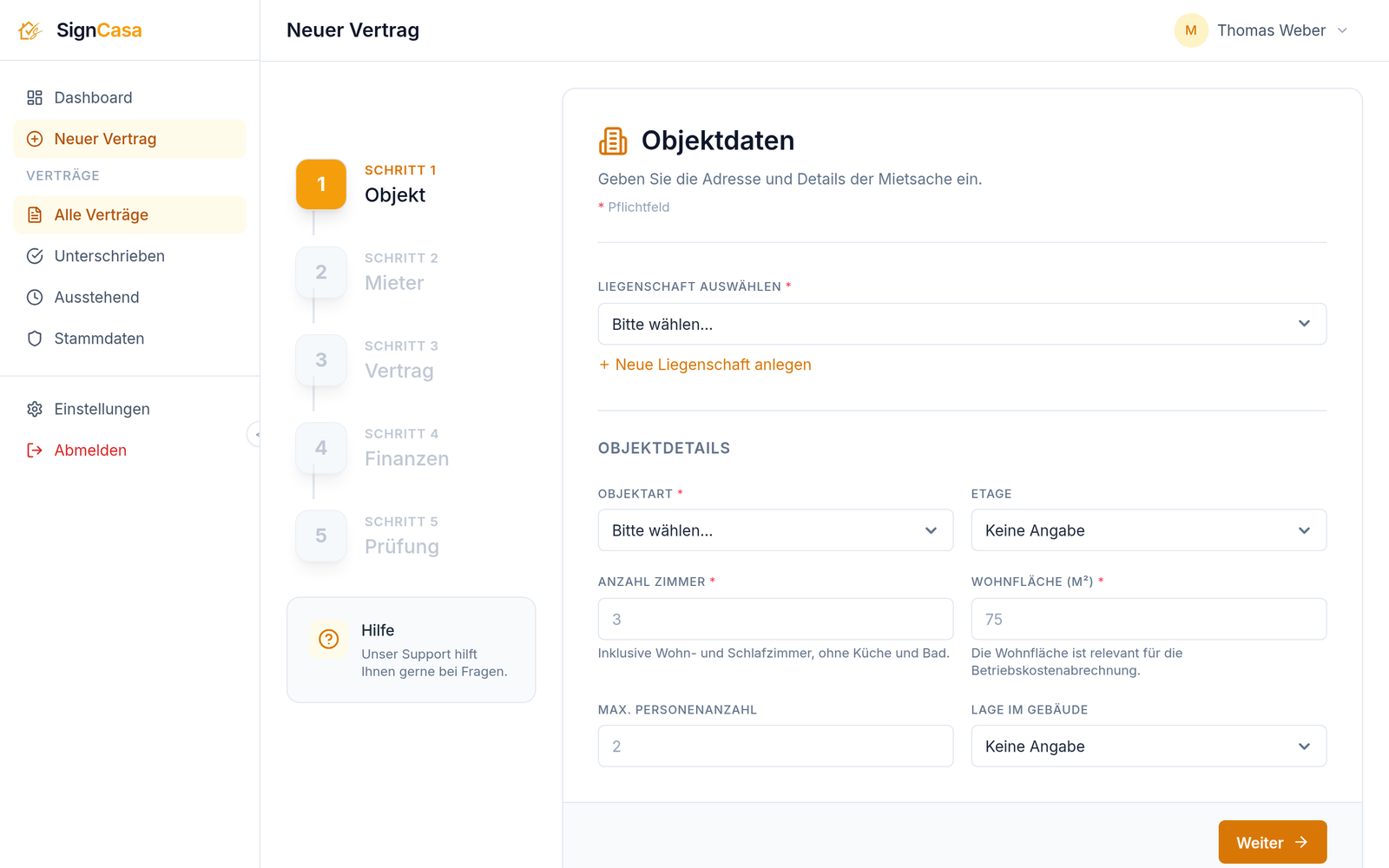 signcasa Wizard: geführtes Erstellen eines Mietvertrags Schritt für Schritt im Browser